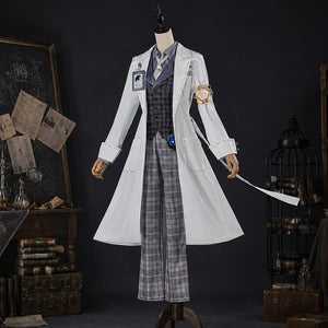 COSFUN Identity V Embalmer Gatto cosplay costume layers a blue vest over a striped shirt paired with grey plaid trousers.