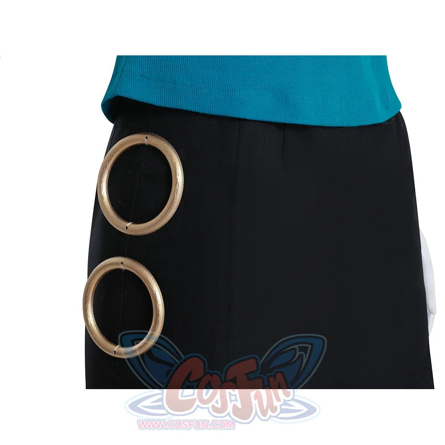 Front detail of Nami cosplay black skirt with dual gold rings and embroidered cat emblem accent
