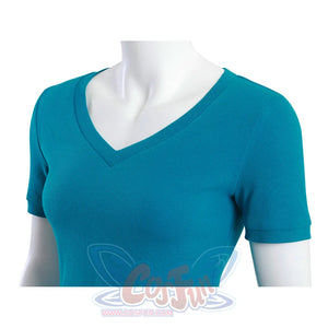 Close-up detail of Nami cosplay blue V-neck knit top showing short sleeves and ribbed texture