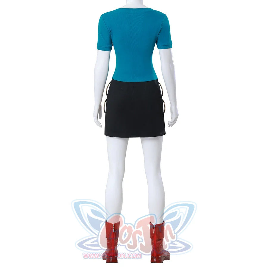 Back view of Live Action Nami cosplay costume with short sleeves, black mini skirt, and red boots