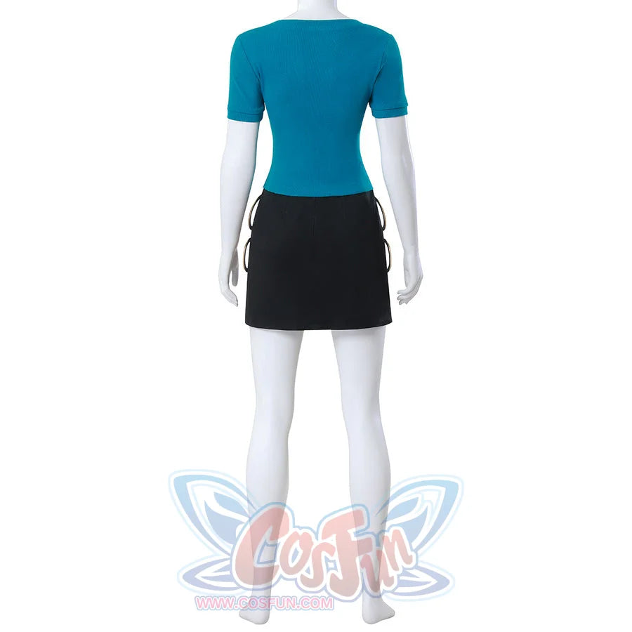 Rear barefoot view of Nami cosplay outfit displaying blue knit top and black mini skirt details