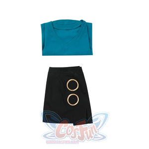 Flat lay of Nami cosplay costume set including blue V-neck top and black mini skirt with gold rings