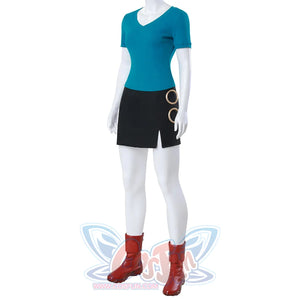 Side view of Nami cosplay costume showing blue top, black skirt with decorative rings, and red boots
