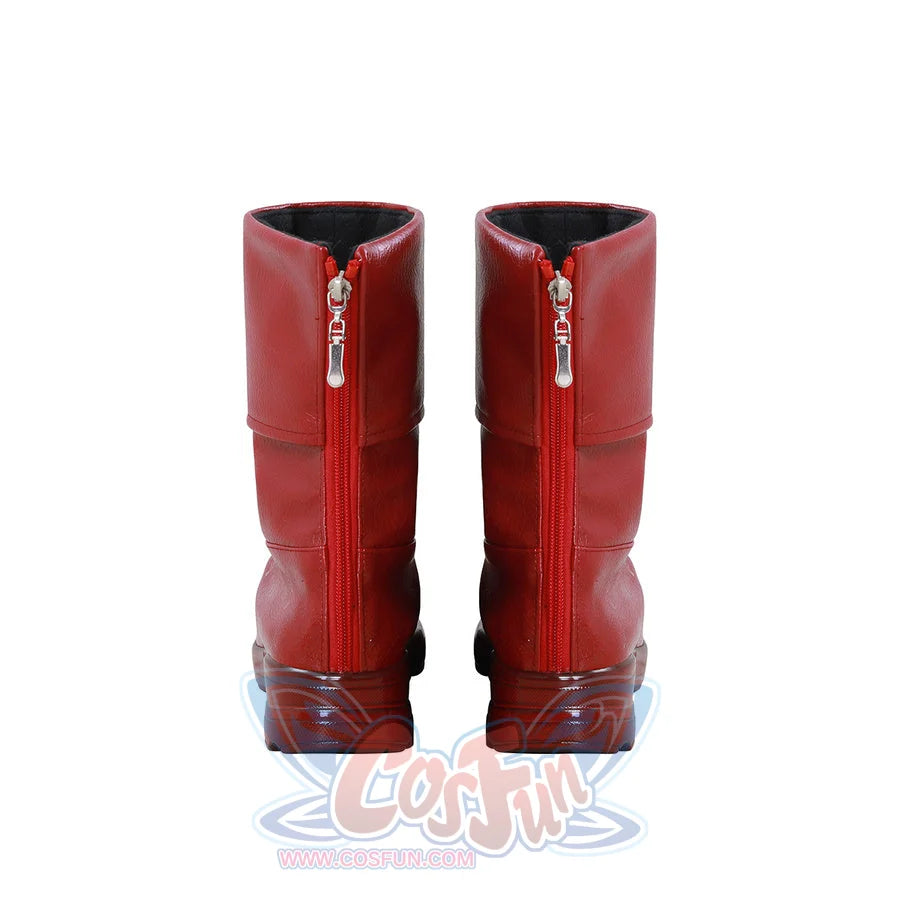 Nami cosplay red boots back view showing red zipper detail on both boots, pair displayed on white background