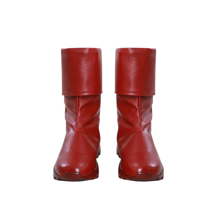 Nami cosplay red boots front view with fold-over cuffs, shown as a pair on white background