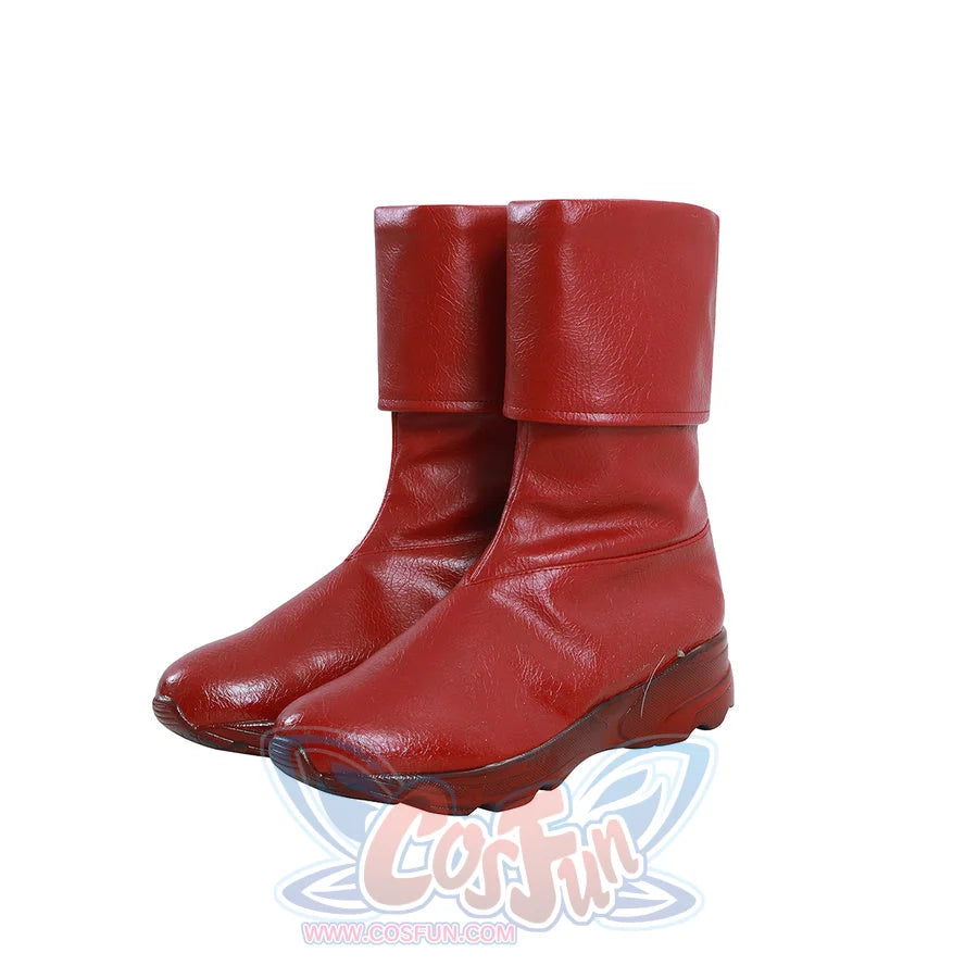 Nami cosplay red boots side angle view showing the fold-over cuff and sole detail