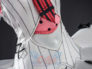 Nangong cosplay white bodysuit with pink chest piece showing red black striped harness detail