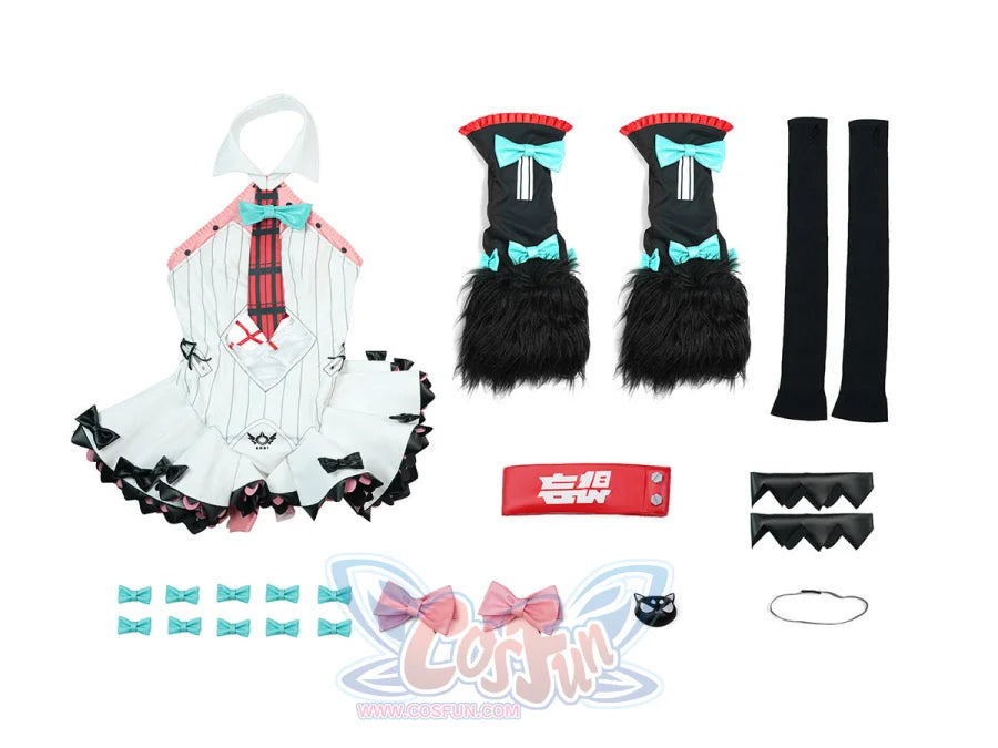 Nangong cosplay complete costume set flat lay with all pieces and accessories organized display