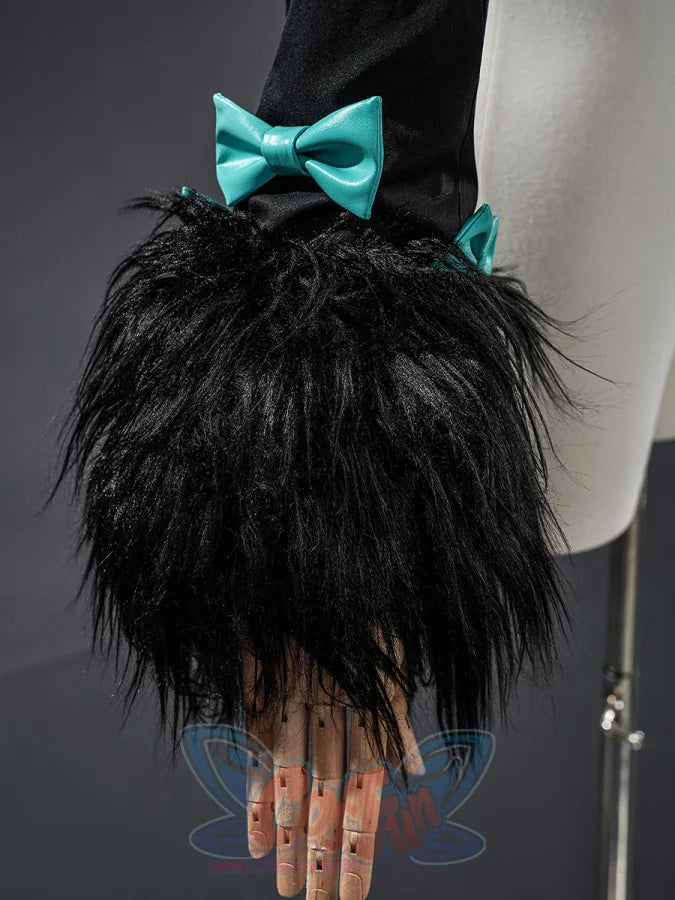 Nangong cosplay closeup of black fur tail skirt piece with teal bow detail