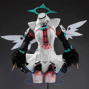 Nangong Yu cosplay full costume front view with white bodysuit, black fur trim, wings and teal halo