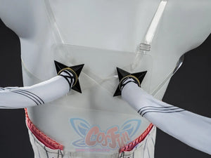 Nangong Yu cosplay arm detail with white striped sleeves, black star ornaments, and pink waist trim