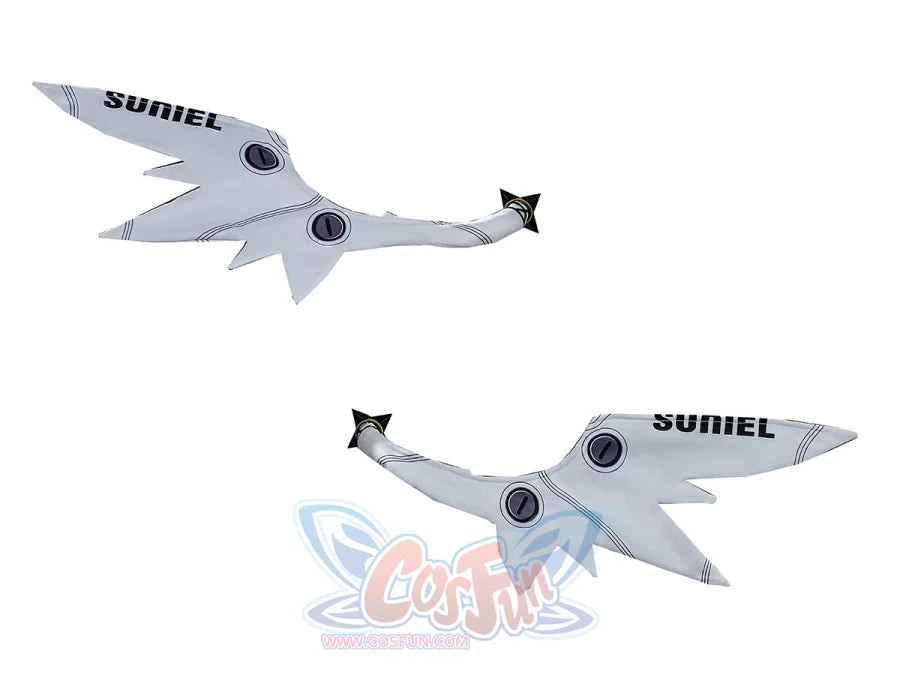 Nangong Yu cosplay wings pair showing two white SUNIEL props with circular details and black tips