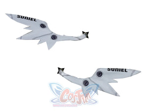 Nangong Yu cosplay wings pair showing two white SUNIEL props with circular details and black tips