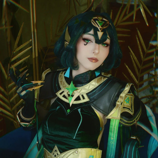 Genshin Impact Nefer cosplay costume set anchors gold collar star emblem bodice turquoise accented pauldrons.