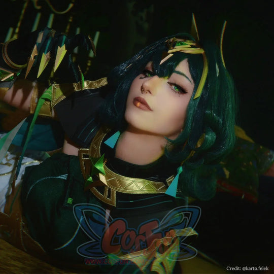Genshin Impact Nefer cosplay outfit sets gold gem headpiece ornate neck armor gold-clawed gauntlet dark green top.