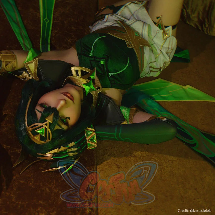 Genshin Impact Nefer cosplay costume worn by model, featuring golden and green colors