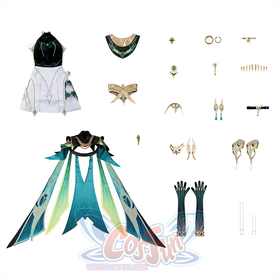 Nefer Cosplay Costume, includes dress, cape, back panel, thigh ring, gloves, prop bracelets,  leather bracelet, prop nail art, elf ears, ect.