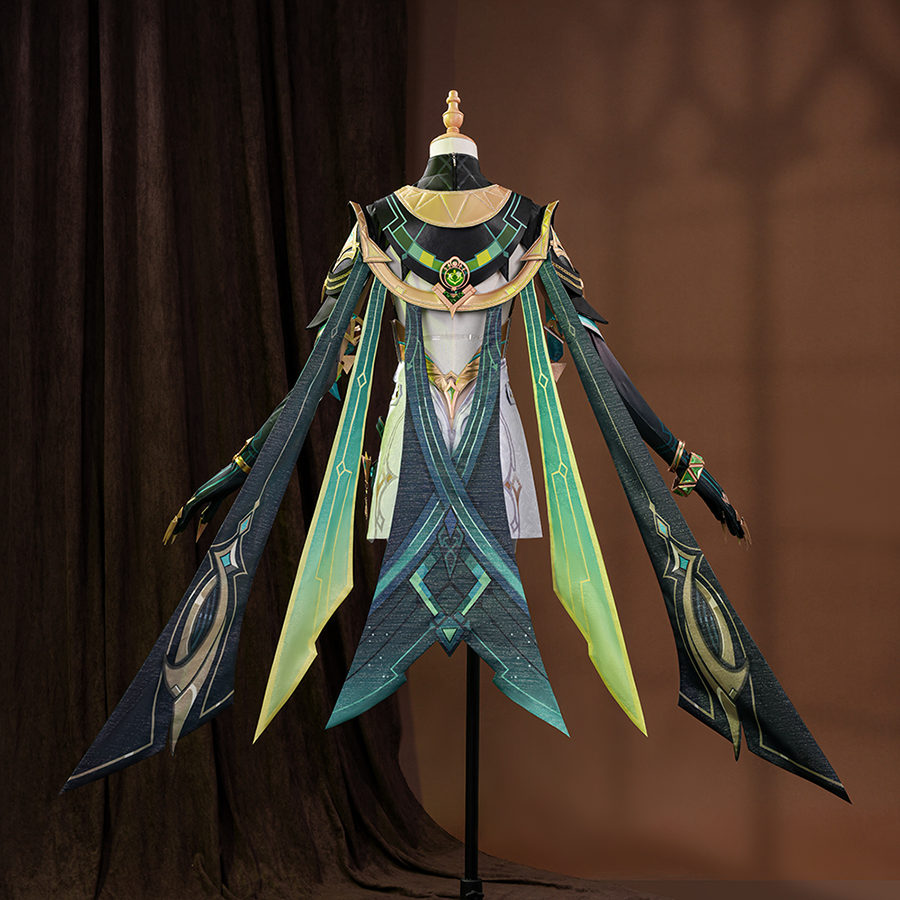 Genshin Impact Nefer Cosplay Costume, green and white outfit with rich pattern design, back view.