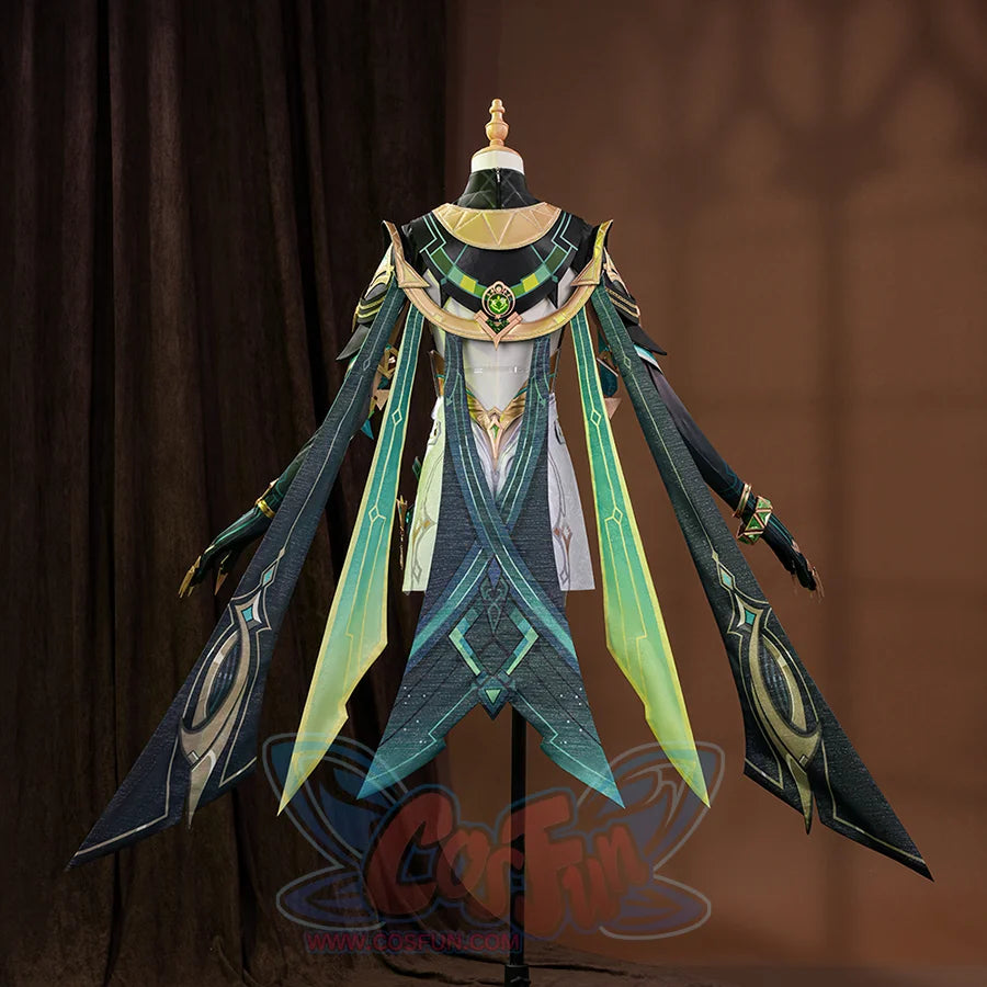 Genshin Impact Nefer Cosplay Costume, green and white outfit with rich pattern design, back view.