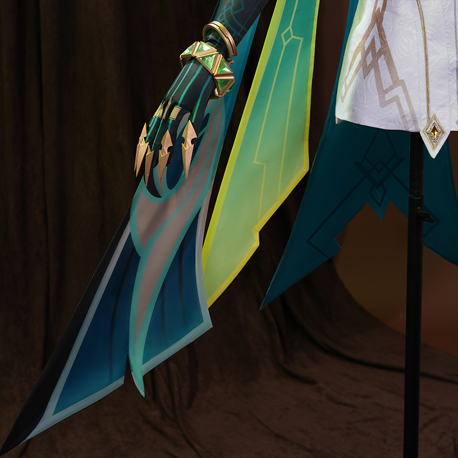 Genshin Impact Nefer Cosplay Costume close-up of sleeves, showing golden and green bracelet.
