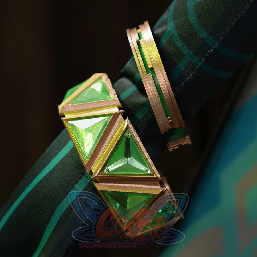 Genshin Impact Nefer Cosplay Costume close-up of sleeves, showing golden and green bracelet.