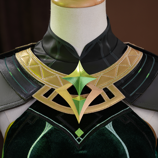 Genshin Impact Nefer Cosplay Costume , close-up of chest view, showing golden and green decoration.