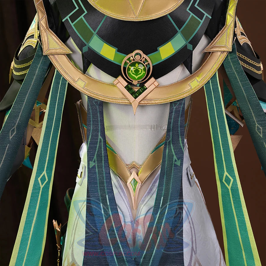 Genshin Impact Nefer Cosplay Costume back view of cloak, mainly golden green and navy colors.