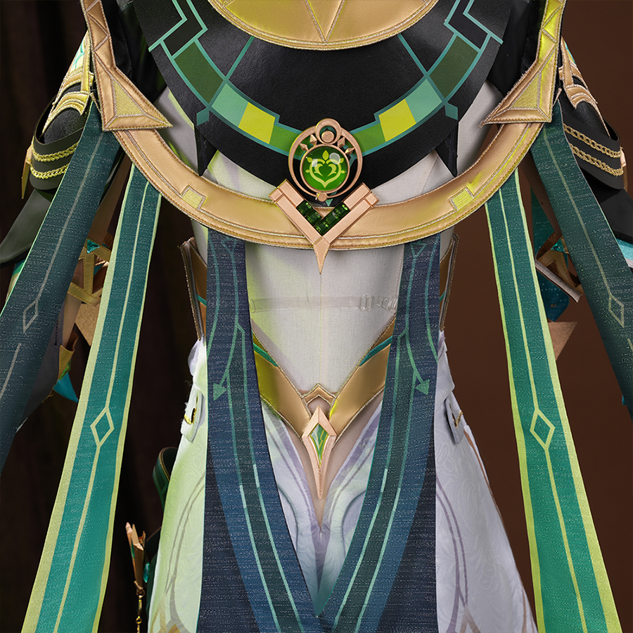 Genshin Impact Nefer Cosplay Costume back view of cloak, mainly golden green and navy colors.