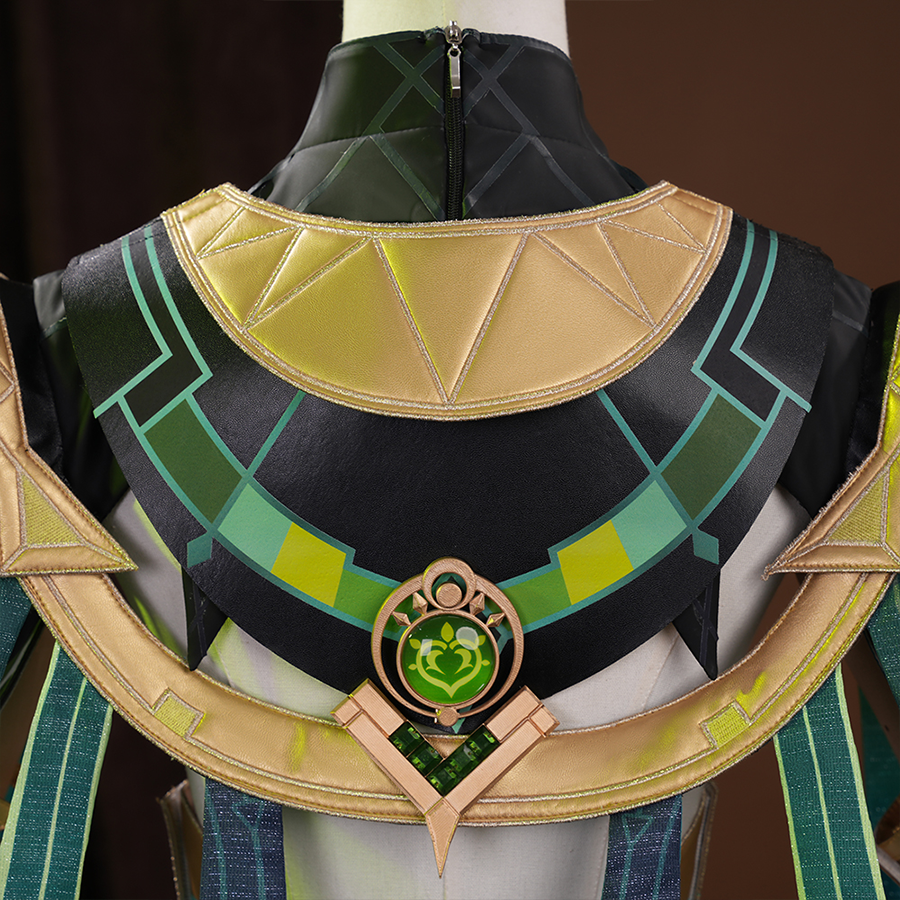 Genshin Impact Nefer Cosplay Costume back view of cloak, mainly golden green and black colors.