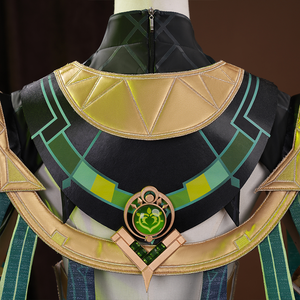 Genshin Impact Nefer Cosplay Costume back view of cloak, mainly golden green and black colors.