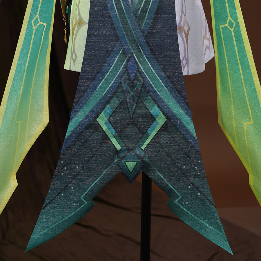 Genshin Impact Nefer Cosplay Costume back view of cloak, mainly golden green and navy colors.