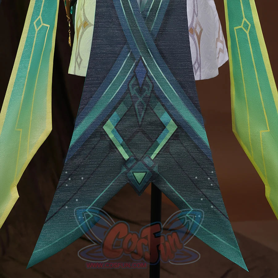 Genshin Impact Nefer Cosplay Costume back view of cloak, mainly golden green and navy colors.