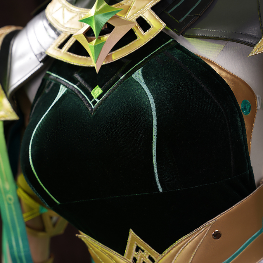 Genshin Impact Nefer Cosplay Costume, dark green dress with two light green lines, right side view.
