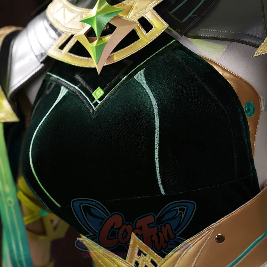 Genshin Impact Nefer Cosplay Costume, dark green dress with two light green lines, right side view.
