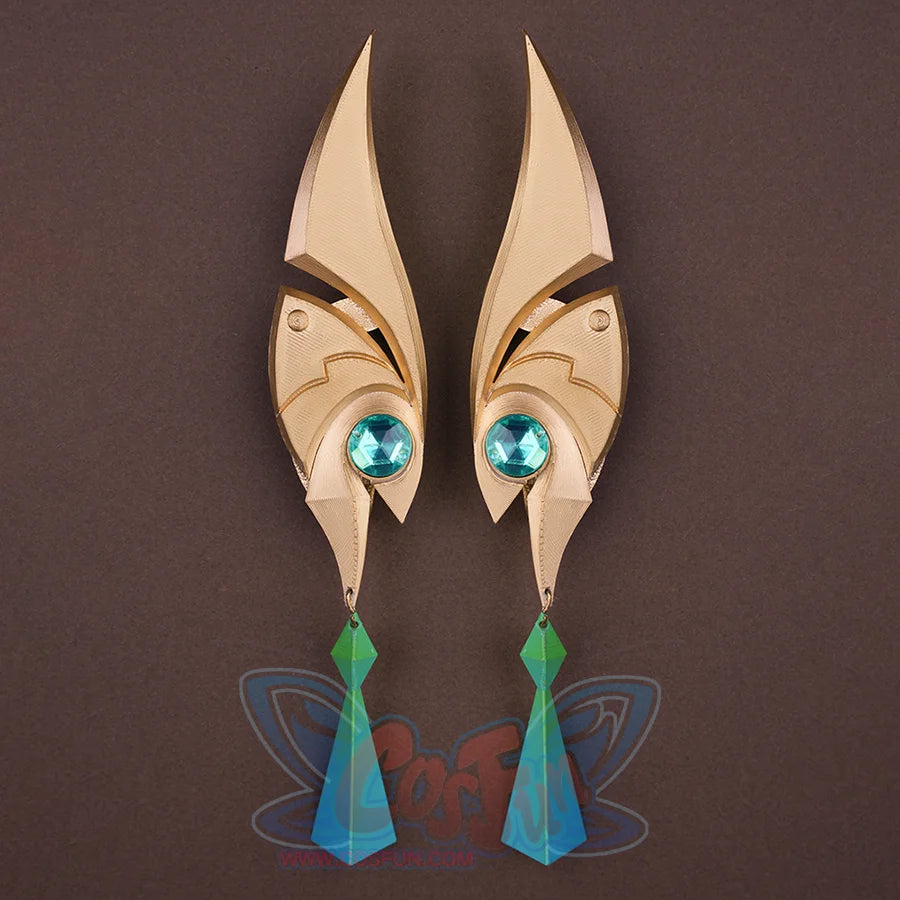 Genshin Impact Nefer Cosplay Costume prop elf ears, mainly golden and green colors.
