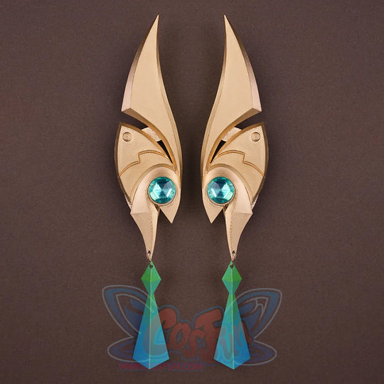 Genshin Impact Nefer Cosplay Costume prop elf ears, mainly golden and green colors.