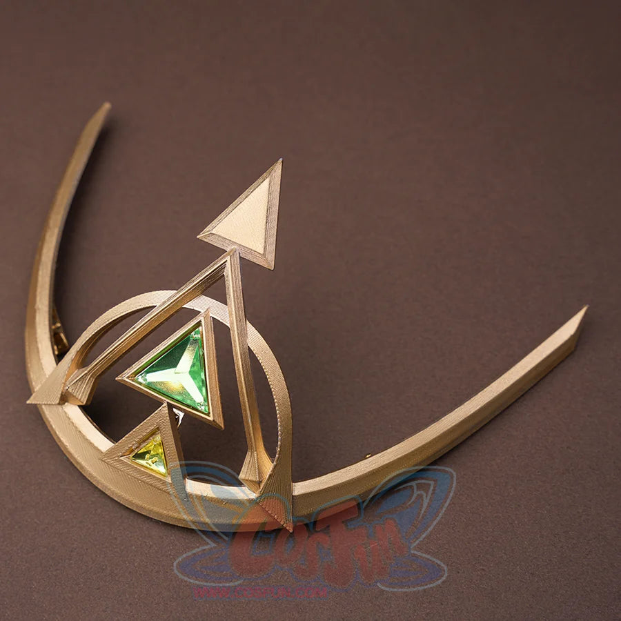 Genshin Impact Nefer Cosplay Costume, front headwear, mainly golden and green colors.