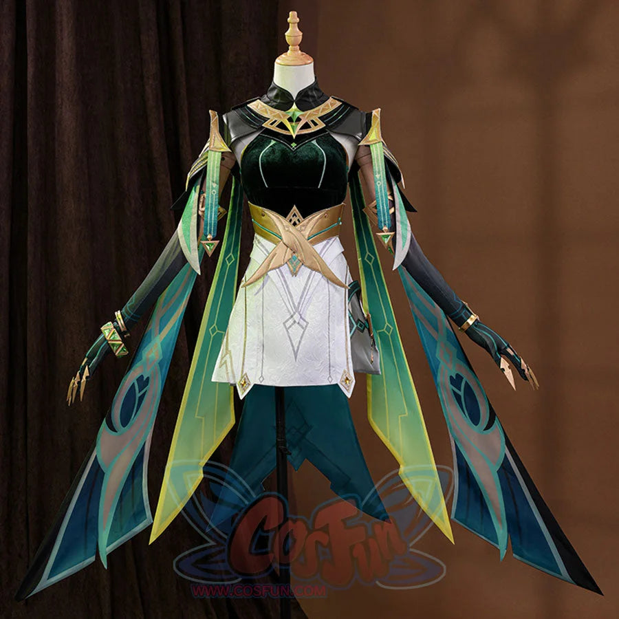 Genshin Impact Nefer Cosplay Costume, green and white outfit with rich pattern design, front view.