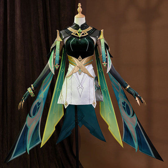 Genshin Impact Nefer Cosplay Costume, green and white outfit with rich pattern design, front view.