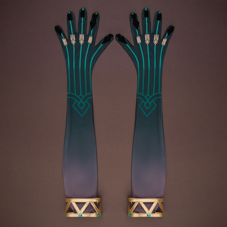 Genshin Impact Nefer Cosplay Costume black and gold gloves, showing rich decoration.