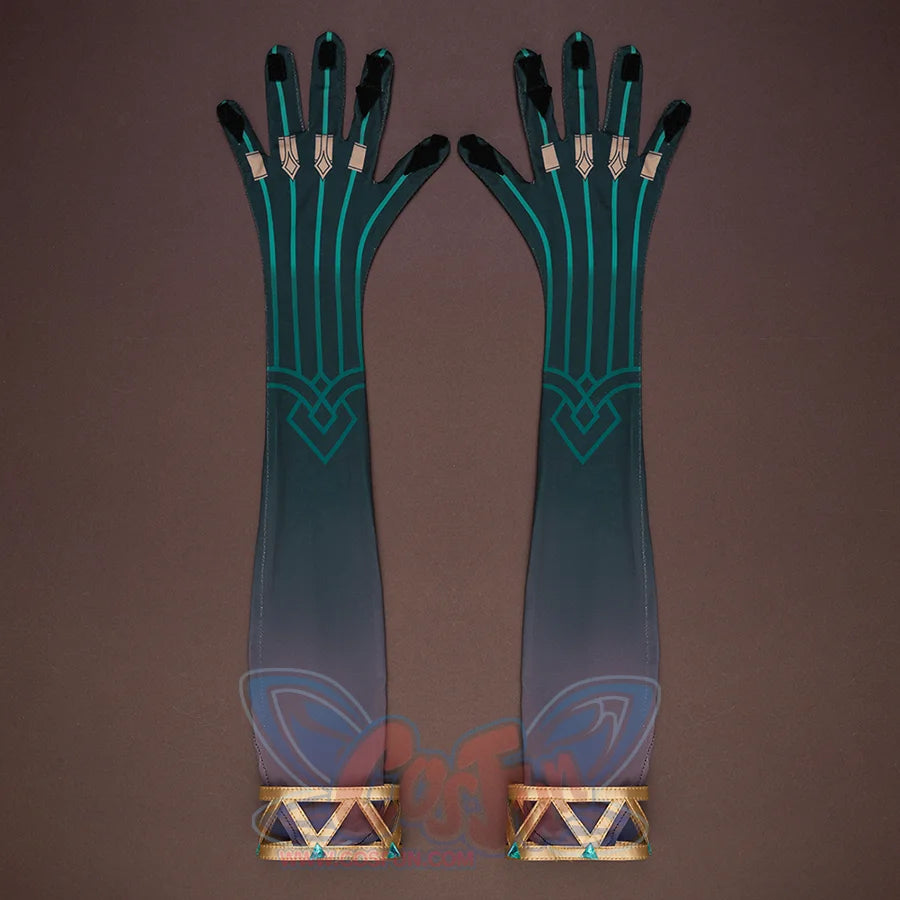 Genshin Impact Nefer Cosplay Costume black and gold gloves, showing rich decoration.