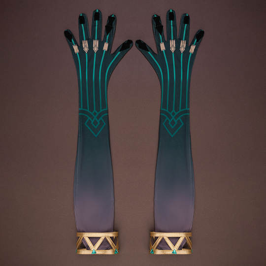 Genshin Impact Nefer Cosplay Costume black and gold gloves, showing rich decoration.