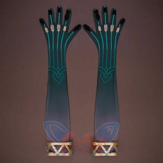 Genshin Impact Nefer Cosplay Costume black and gold gloves, showing rich decoration.
