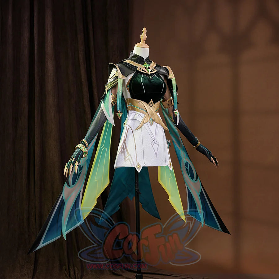 Genshin Impact Nefer Cosplay Costume, green and white outfit with rich pattern design, left side view.
