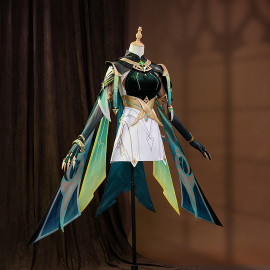 Genshin Impact Nefer Cosplay Costume, green and white outfit with rich pattern design, left side view.