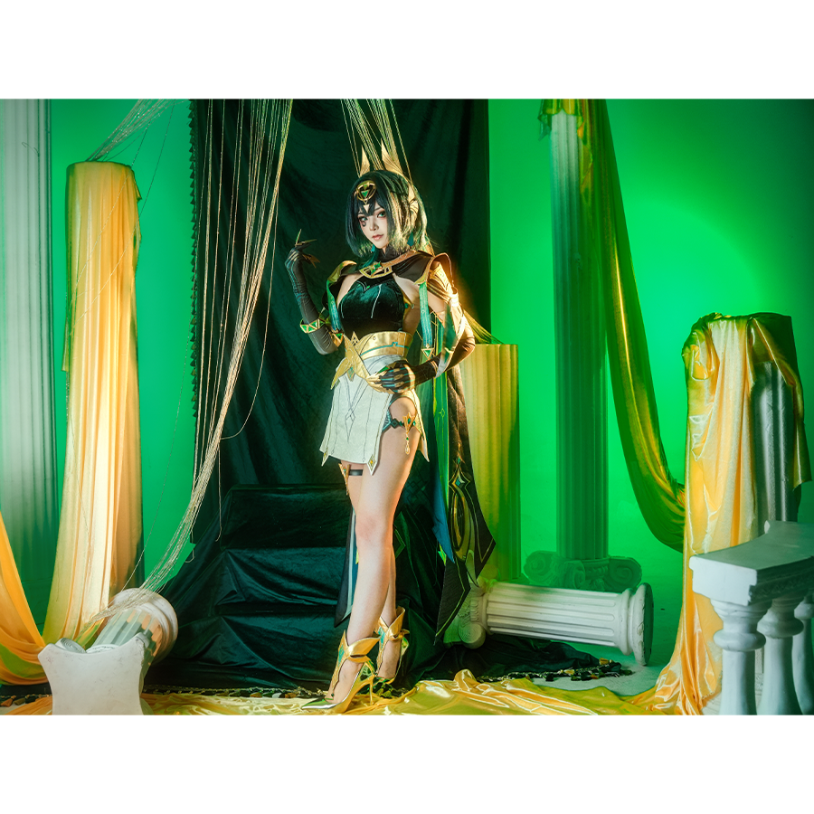 Genshin Impact Nefer Cosplay Costume, green and white outfit with rich pattern design.