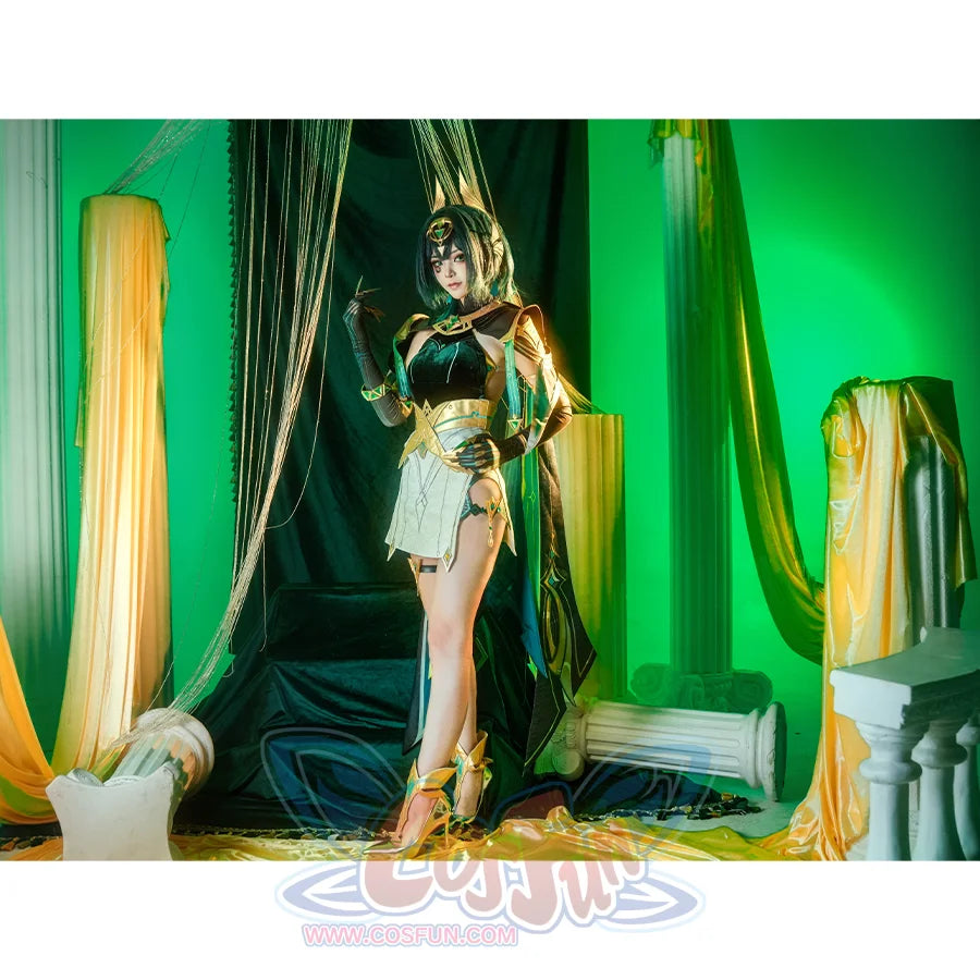 Genshin Impact Nefer Cosplay Costume, green and white outfit with rich pattern design.