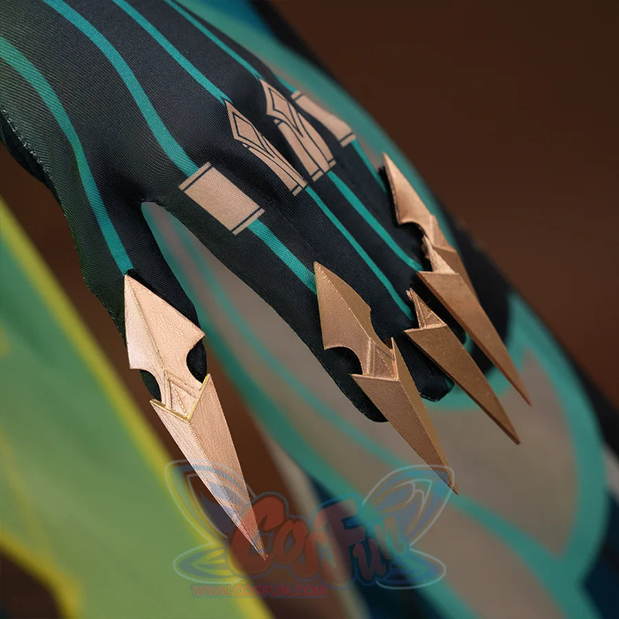 Genshin Impact Nefer Cosplay Costume close-up of sleeves, showing golden fingertips props.
