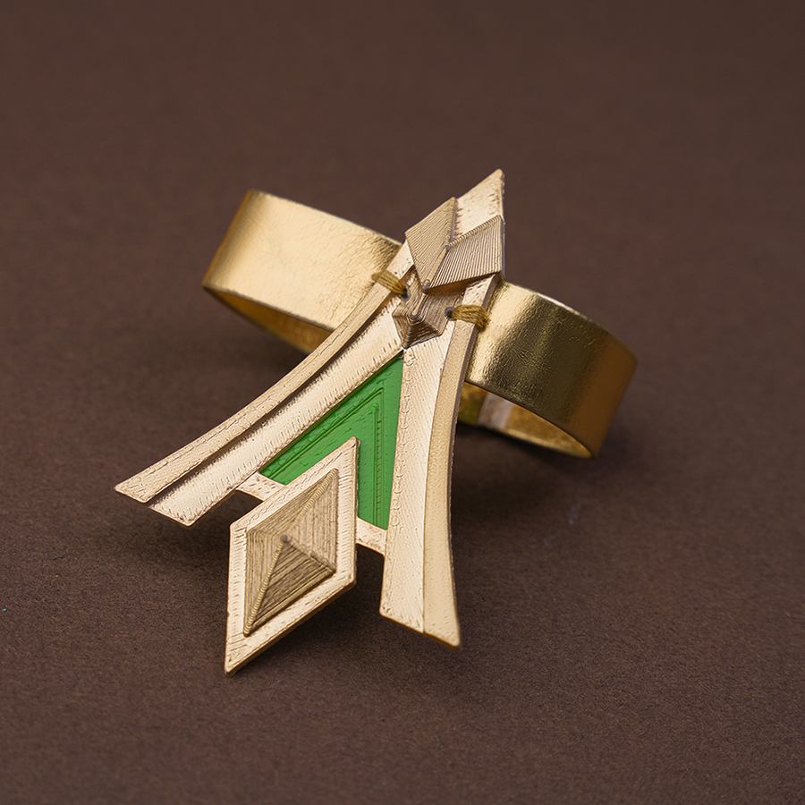 Genshin Impact Nefer Cosplay Costume PU leather bracelet, mainly golden and green colors.