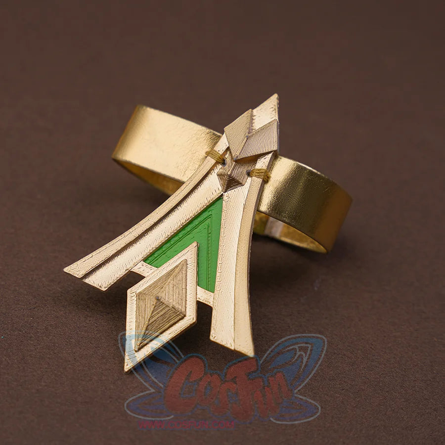 Genshin Impact Nefer Cosplay Costume PU leather bracelet, mainly golden and green colors.